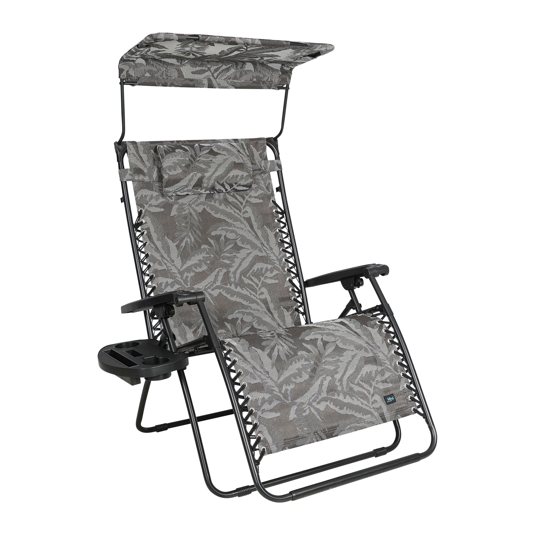 Bliss Hammocks 33-inch Wide XXL Zero Gravity Chair with Adjustable Canopy Sun-Shade, Drink Tray, and Adjustable Pillow in the platinum fern variation.