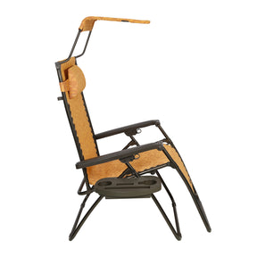 Side view of a Bliss Hammocks 30-inch Wide XL Zero Gravity Chair with Adjustable Canopy Sun-Shade, Drink Tray, and Adjustable Pillow in the amber leaf variation.