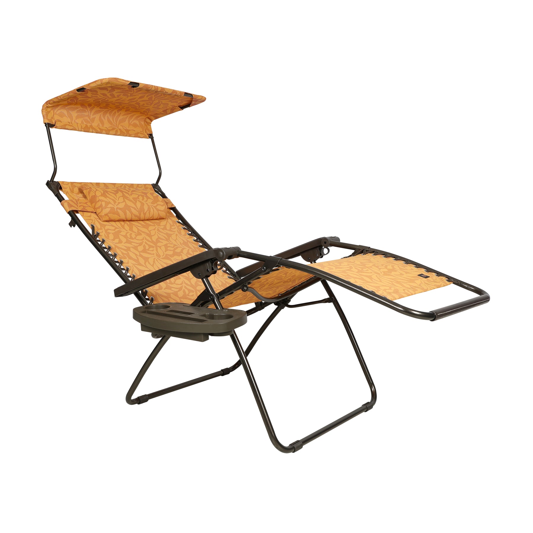 Angled view of a reclined Bliss Hammocks 30-inch Wide XL Zero Gravity Chair with Adjustable Canopy Sun-Shade, Drink Tray, and Adjustable Pillow in the amber leaf variation.