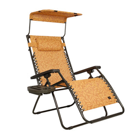 Bliss Hammocks 30-inch Wide XL Zero Gravity Chair with Adjustable Canopy Sun-Shade, Drink Tray, and Adjustable Pillow in the amber leaf variation.