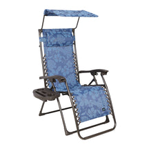 Bliss Hammocks 26-inch Wide Zero Gravity Chair with Canopy, Pillow, and Drink Tray in the blue flowers variation.