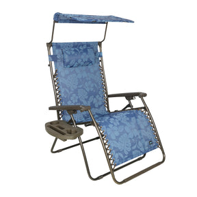 Bliss Hammocks 33-inch Wide XXL Zero Gravity Chair with Adjustable Canopy Sun-Shade, Drink Tray, and Adjustable Pillow in the blue flowers variation.