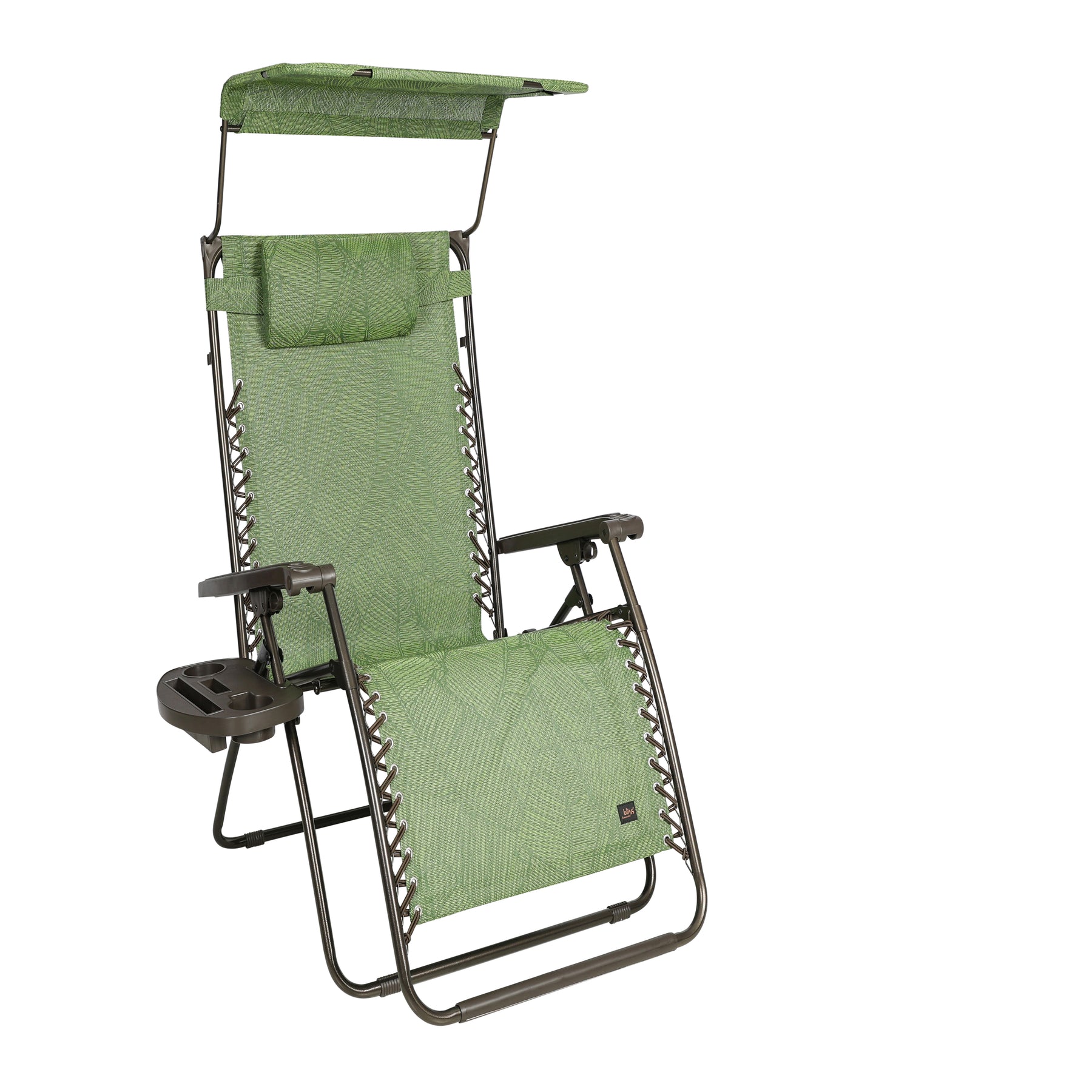 Bliss Hammocks 26-inch Wide Zero Gravity Chair with Canopy, Pillow, and Drink Tray in the green banana leaves variation.