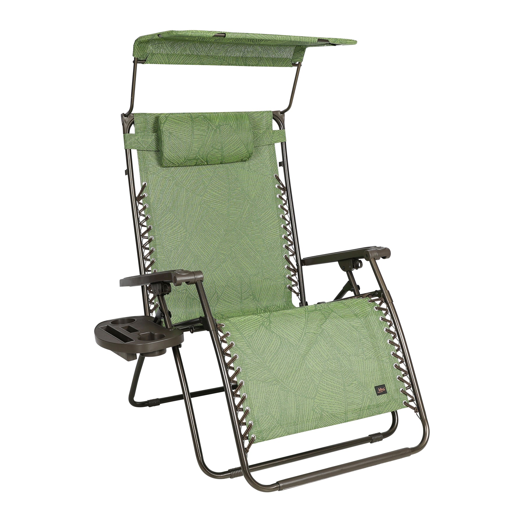 Bliss Hammocks 33-inch Wide XXL Zero Gravity Chair with Adjustable Canopy Sun-Shade, Drink Tray, and Adjustable Pillow in the green banana leaves variation.