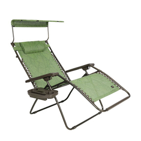 Angled view of a reclined Bliss Hammocks 30-inch wide Gravity Free Chair in the green banana leaves variation.