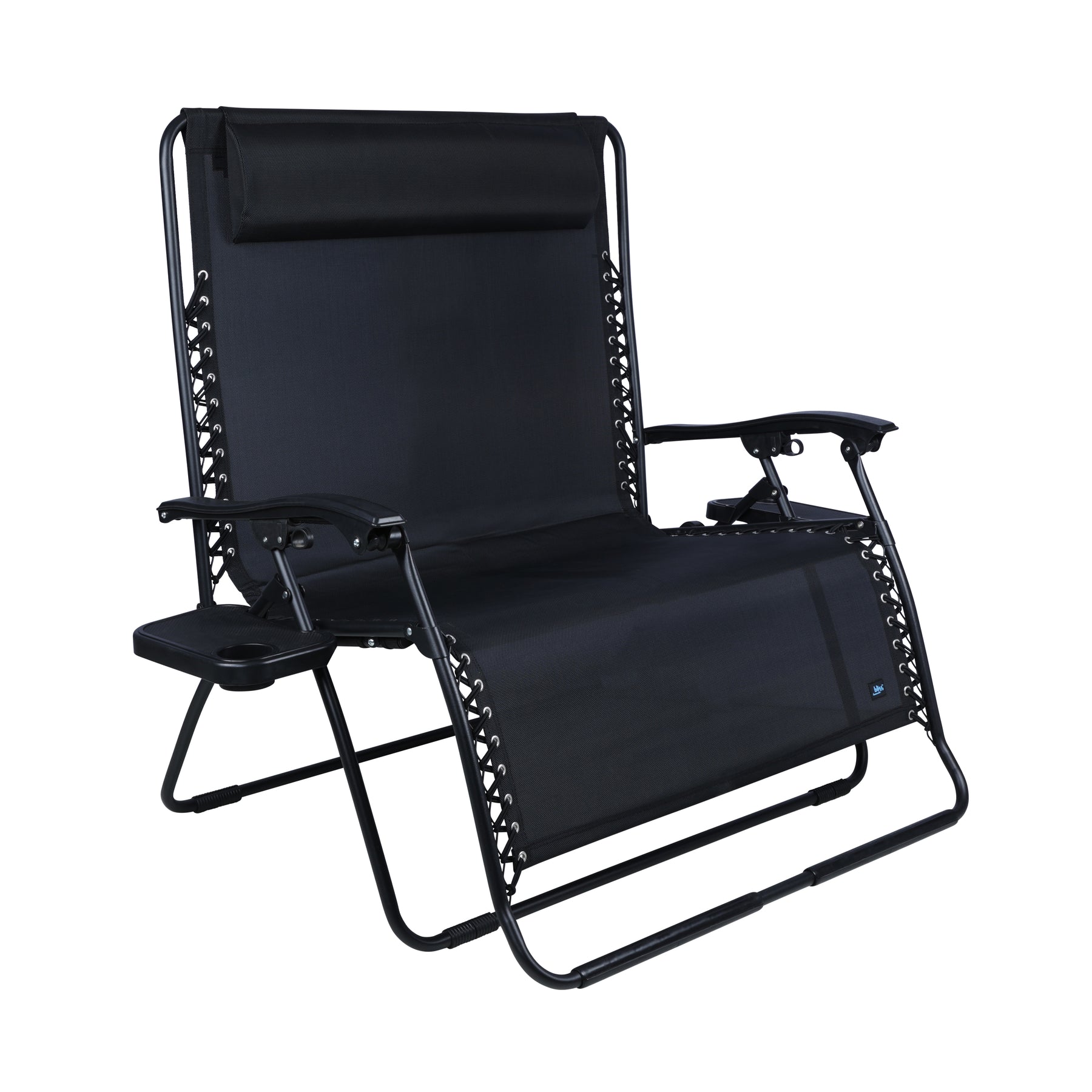 Bliss Hammocks 45-inch Wide 2-Person Zero Gravity Chair with Pillow and Drink Tray in the black variation.
