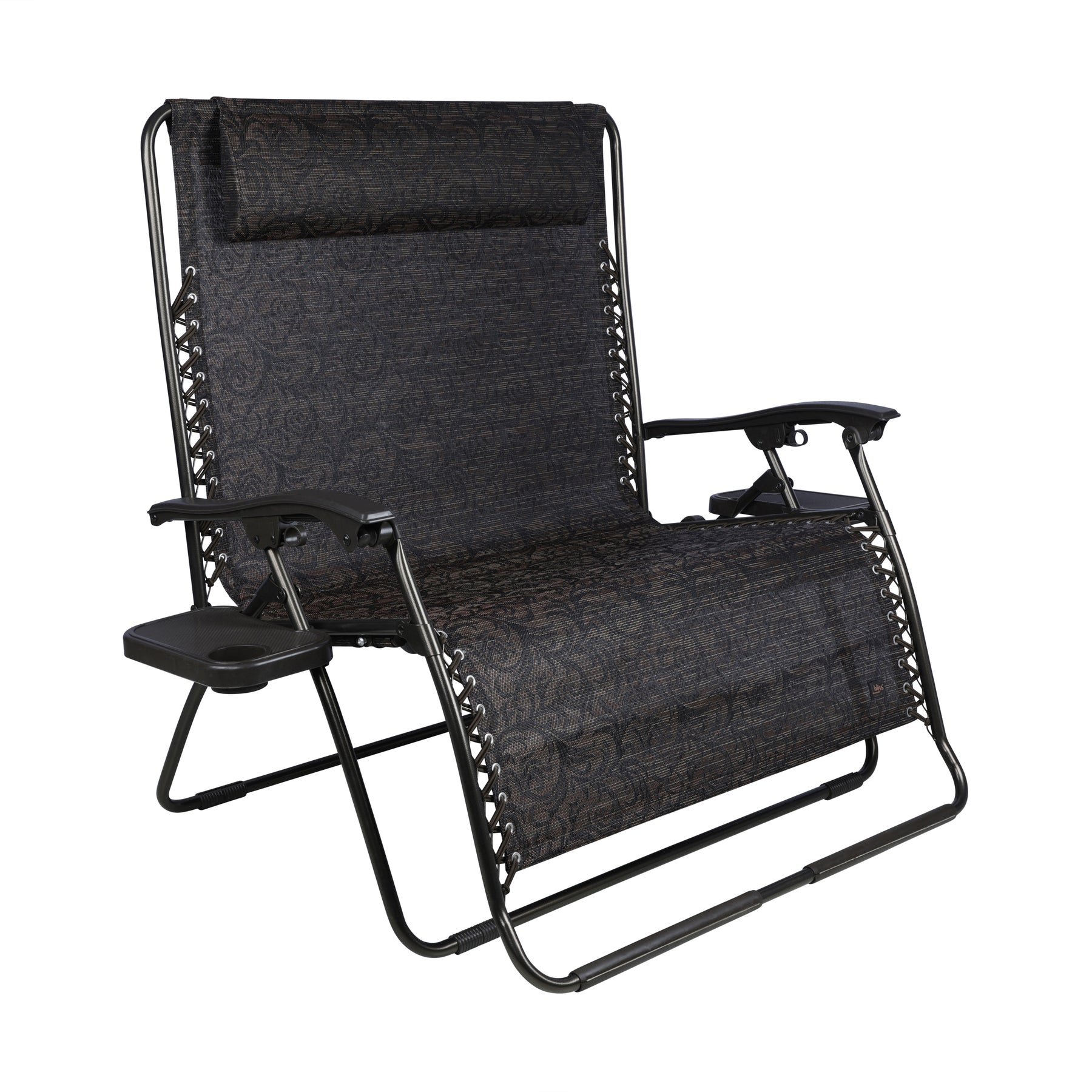 Bliss Hammocks 45-inch Wide 2-Person Zero Gravity Chair with Pillow and Drink Tray in the brown jacquard variation.