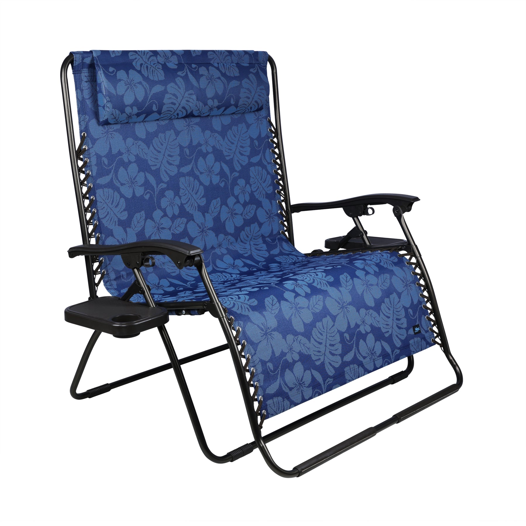 Bliss Hammocks 45-inch Wide 2-Person Zero Gravity Chair with Pillow and Drink Tray in the blue flowers variation.