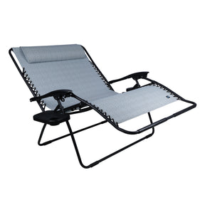 Side-angled view of a reclined Bliss Hammocks 45-inch Wide 2-Person Zero Gravity Chair with Pillow and Drink Tray in the gray variation.