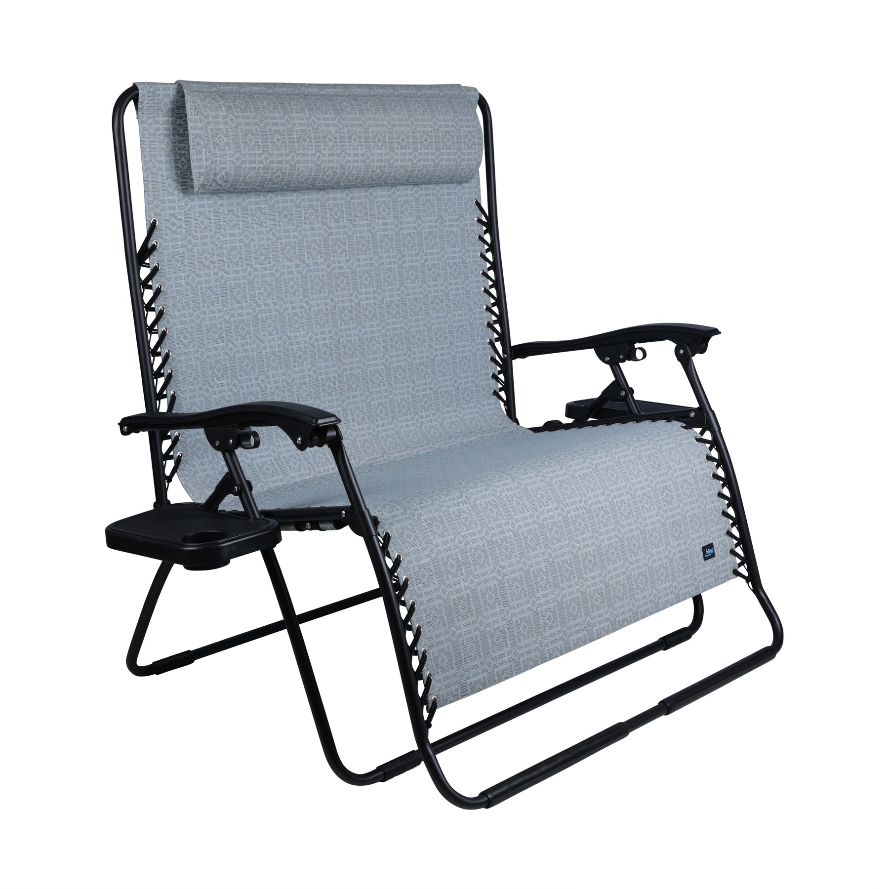 Bliss Hammocks 45-inch Wide 2-Person Zero Gravity Chair with Pillow and Drink Tray in the gray variation.