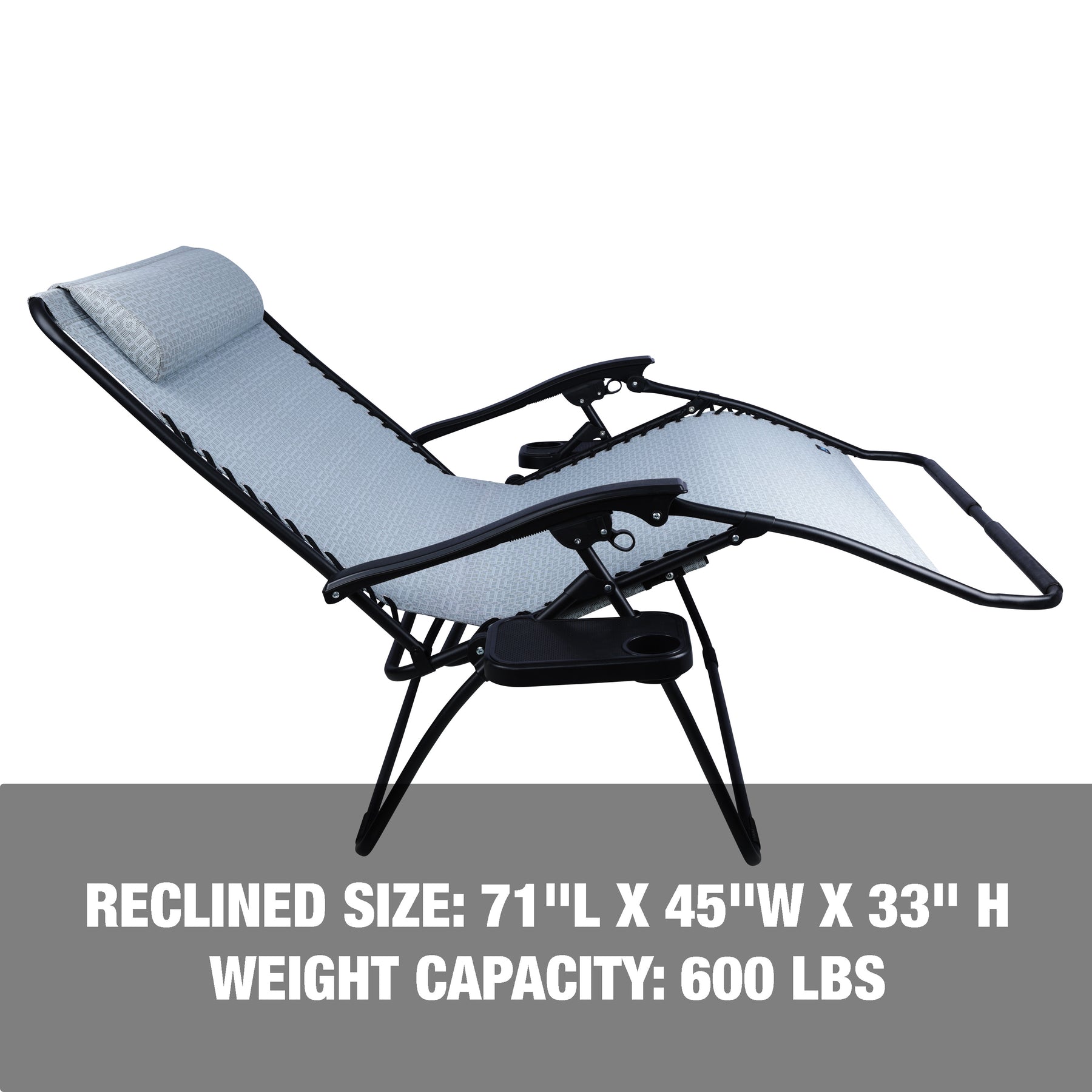 Reclined size: 71-inch length, 45-inch width, and 33-inch height, with a weight capacity of 600 pounds.