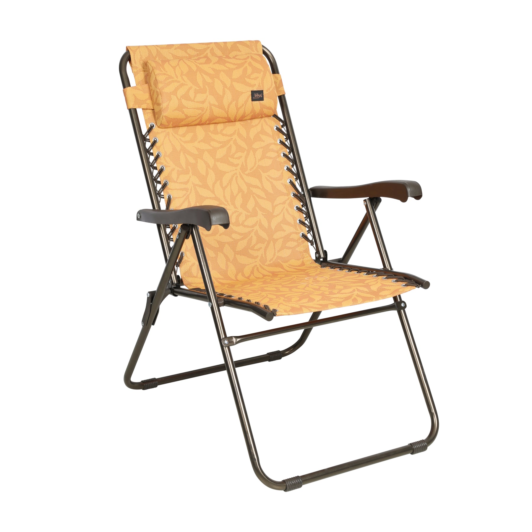Bliss Hammocks 26-inch Wide Reclining Sling Chair with Pillow in the amber leaf variation: an orange color with a light orange leaf pattern.