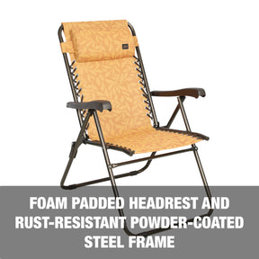 Foam padded headrest and rust-resistant powder-coated steel frame.