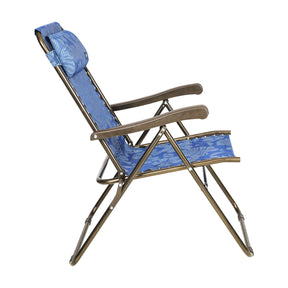 Side view of the Bliss Hammocks 26-inch Wide Reclining Sling Chair with Pillow in the blue flowers variation.