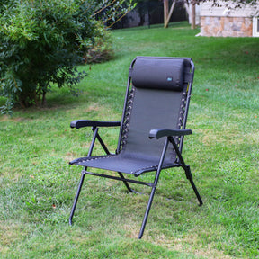 26-inch Reclining Black Sling Chair on a lawn.