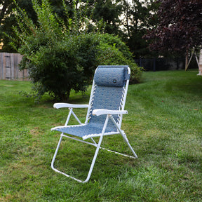 26-inch Reclining Blue Scallop Sling Chair on a lawn.