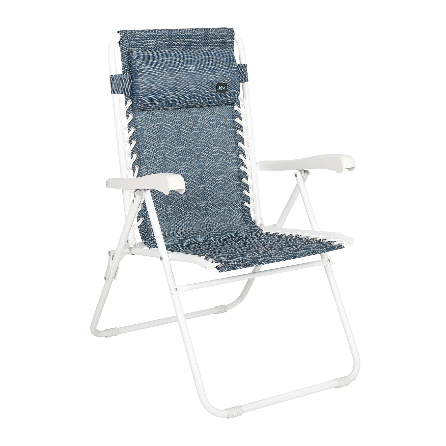 Bliss Hammocks 26-inch Wide Reclining Sling Chair with Pillow in the blue scallop variation: a navy blue color with a white scallop pattern.