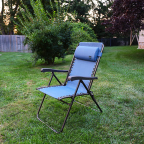 26-inch Reclining Denim Blue Sling Chair on a lawn.