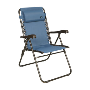 Bliss Hammocks 26-inch Wide Reclining Sling Chair with Pillow in the denim blue variation.
