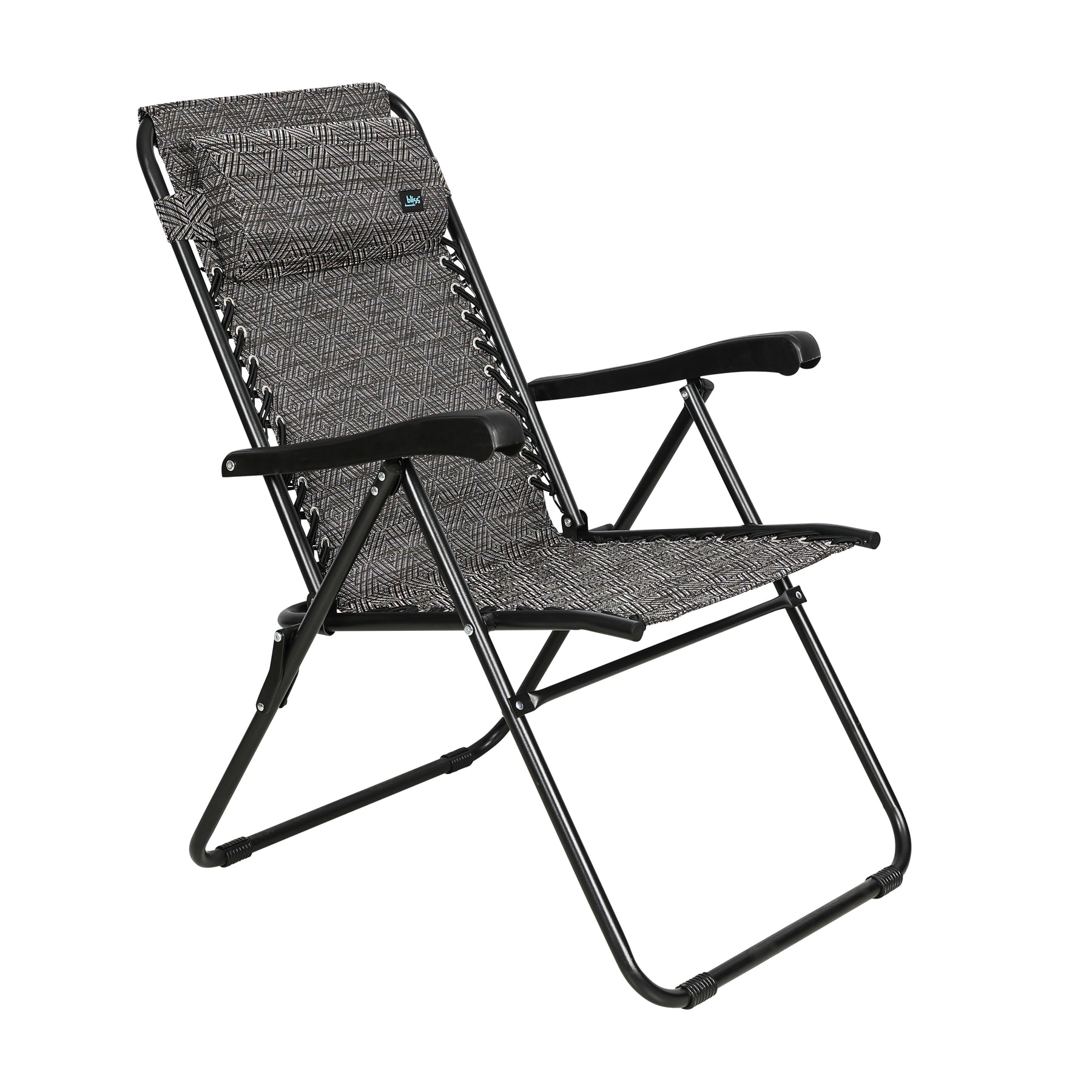 Bliss Hammocks 26-inch Wide Reclining Sling Chair with Pillow in the diamond jacquard variation: a gray color with a diamond jacquard pattern.