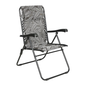 Bliss Hammocks 26-inch Wide Reclining Sling Chair with Pillow in the platinum fern variation: a sliver color with a fern pattern.