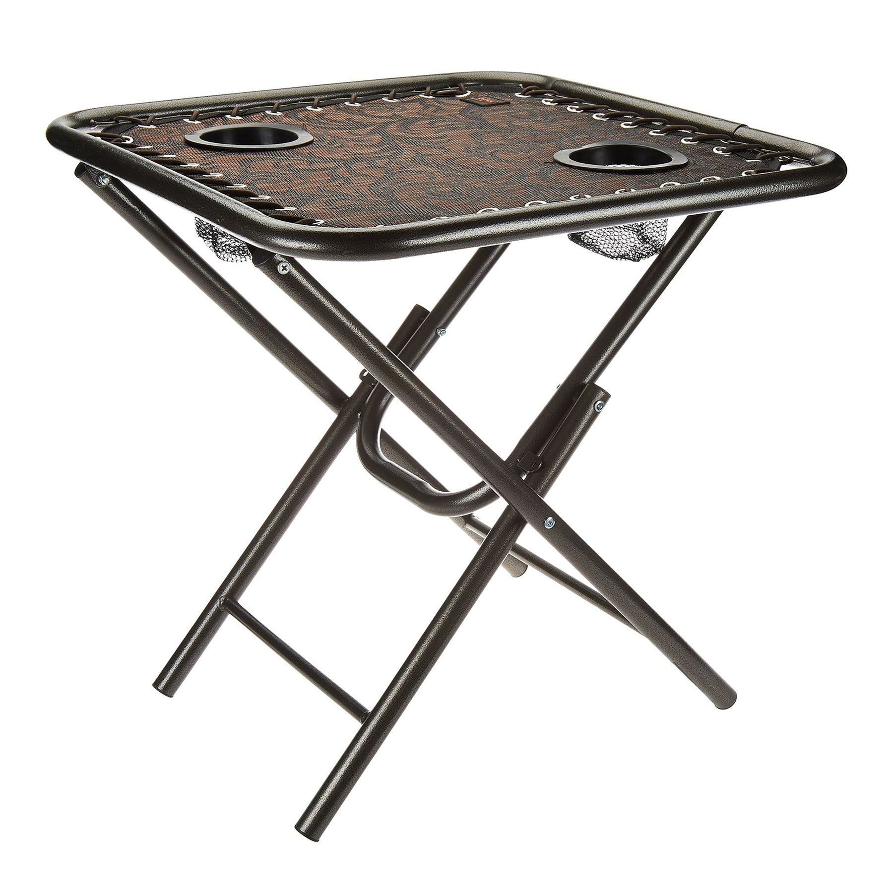 Angled view of the Bliss Hammocks 20-inch Folding Side Table with 2 Built-In Cup Holders in the brown jacquard variation.
