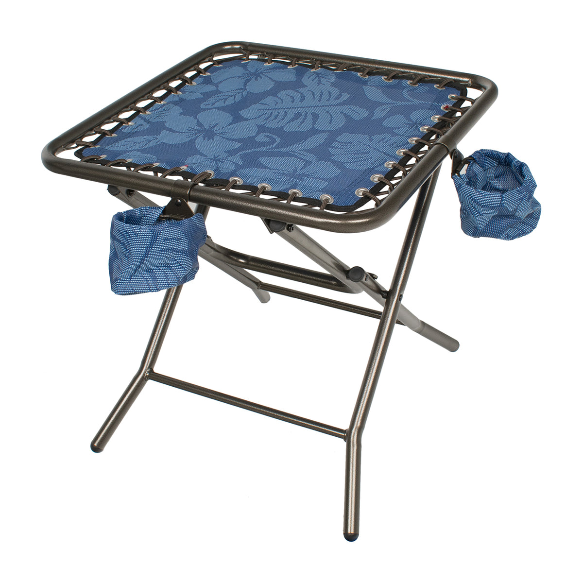 Bliss Hammocks 20-inch Folding Side Table with 2 Detachable Cup Holders with a blue flower pattern.