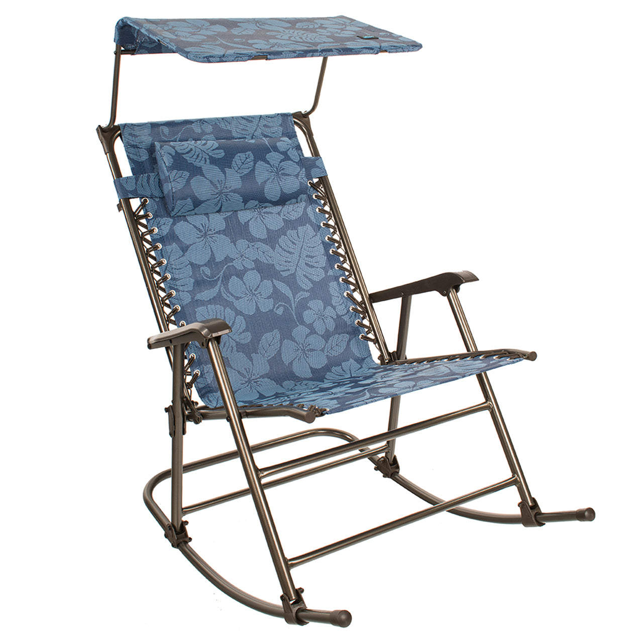 Bliss Hammocks 27-inch Wide Rocking Chair with Canopy and Pillow in the blue flowers variation.