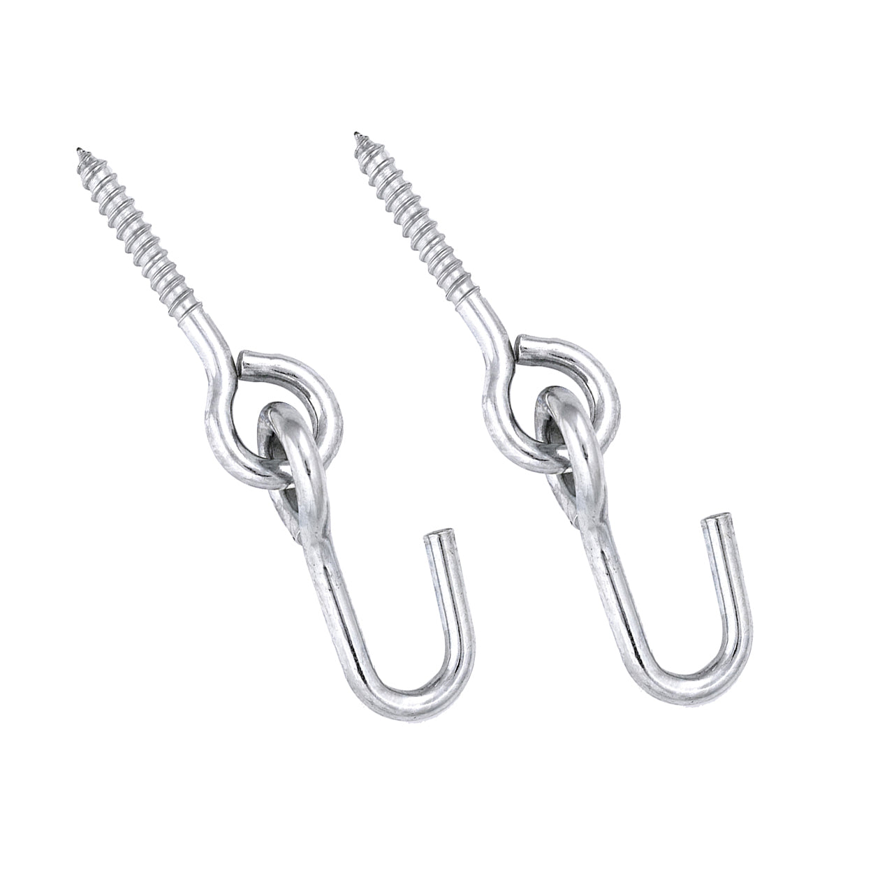 Two metal eye screws with attached hooks.