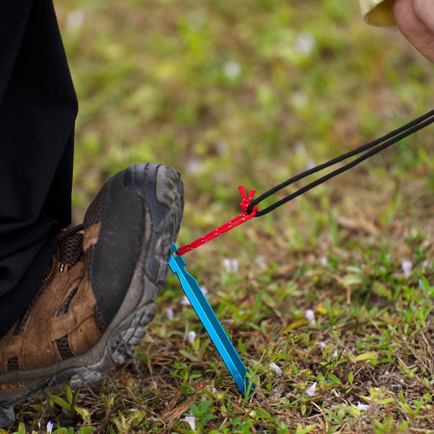 Person using their boot to drive a stake in the ground for the Rain Shelter.