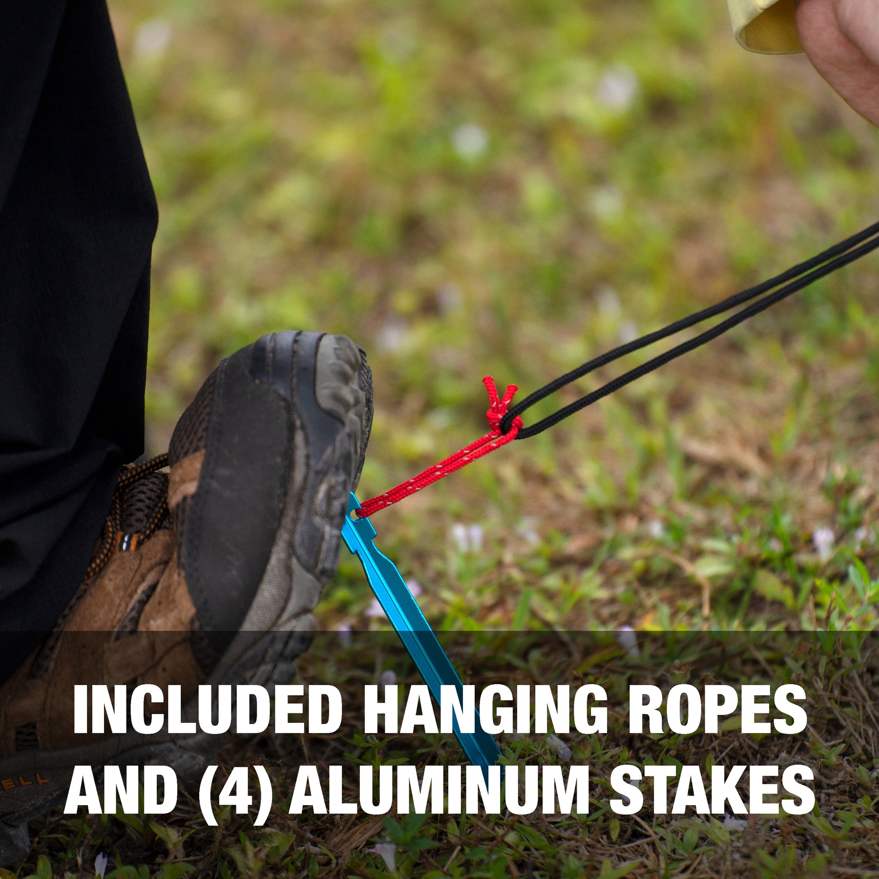 Included hanging roped and 4 aluminum stakes.