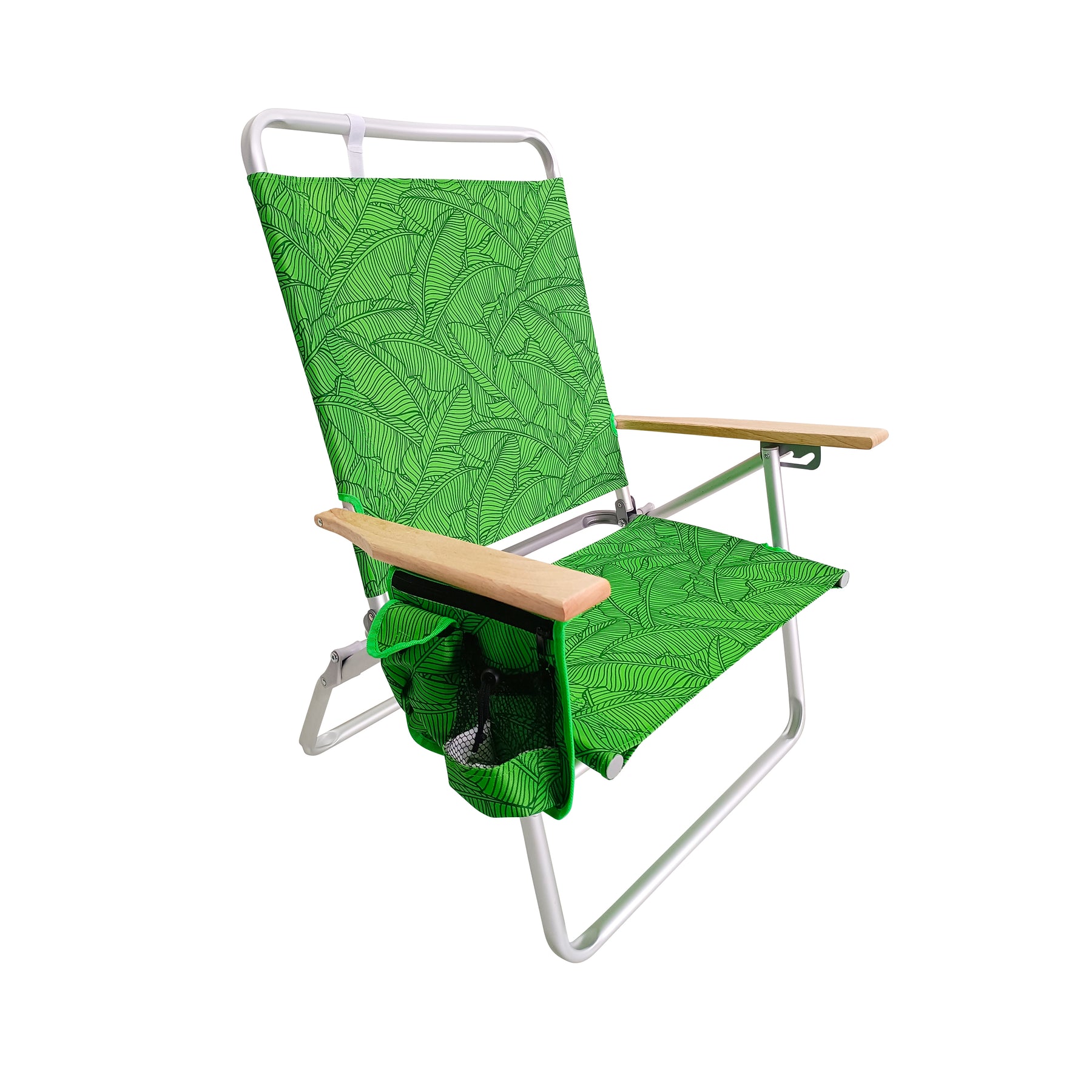 Bliss Hammocks Foldable Beach Chair with Side Pocket, 3 Reclining Positions, Storage Pouch, Phone Holder, Cup Holder, and Shoulder Strap. Green Banana Leaves variation is a green color with a light green banana leaf pattern.