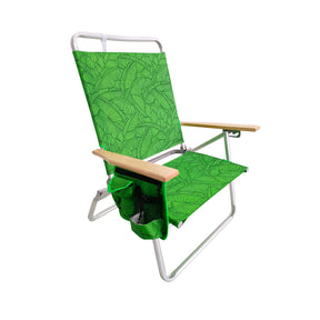 Bliss Hammocks Foldable Beach Chair with Side Pocket, 3 Reclining Positions, Storage Pouch, Phone Holder, Cup Holder, and Shoulder Strap. Green Banana Leaves variation is a green color with a light green banana leaf pattern.