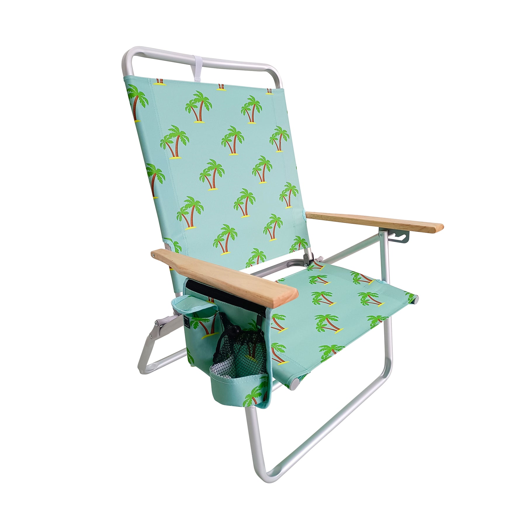 Bliss Hammocks Foldable Beach Chair with Side Pocket, 3 Reclining Positions, Storage Pouch, Phone Holder, Cup Holder, and Shoulder Strap. Palm Tree variation is a light blue color with a palm tree pattern.
