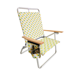 Bliss Hammocks Foldable Beach Chair with Side Pocket, 3 Reclining Positions, Storage Pouch, Phone Holder, Cup Holder, and Shoulder Strap. Pineapple variation is a white color with a pineapple pattern.