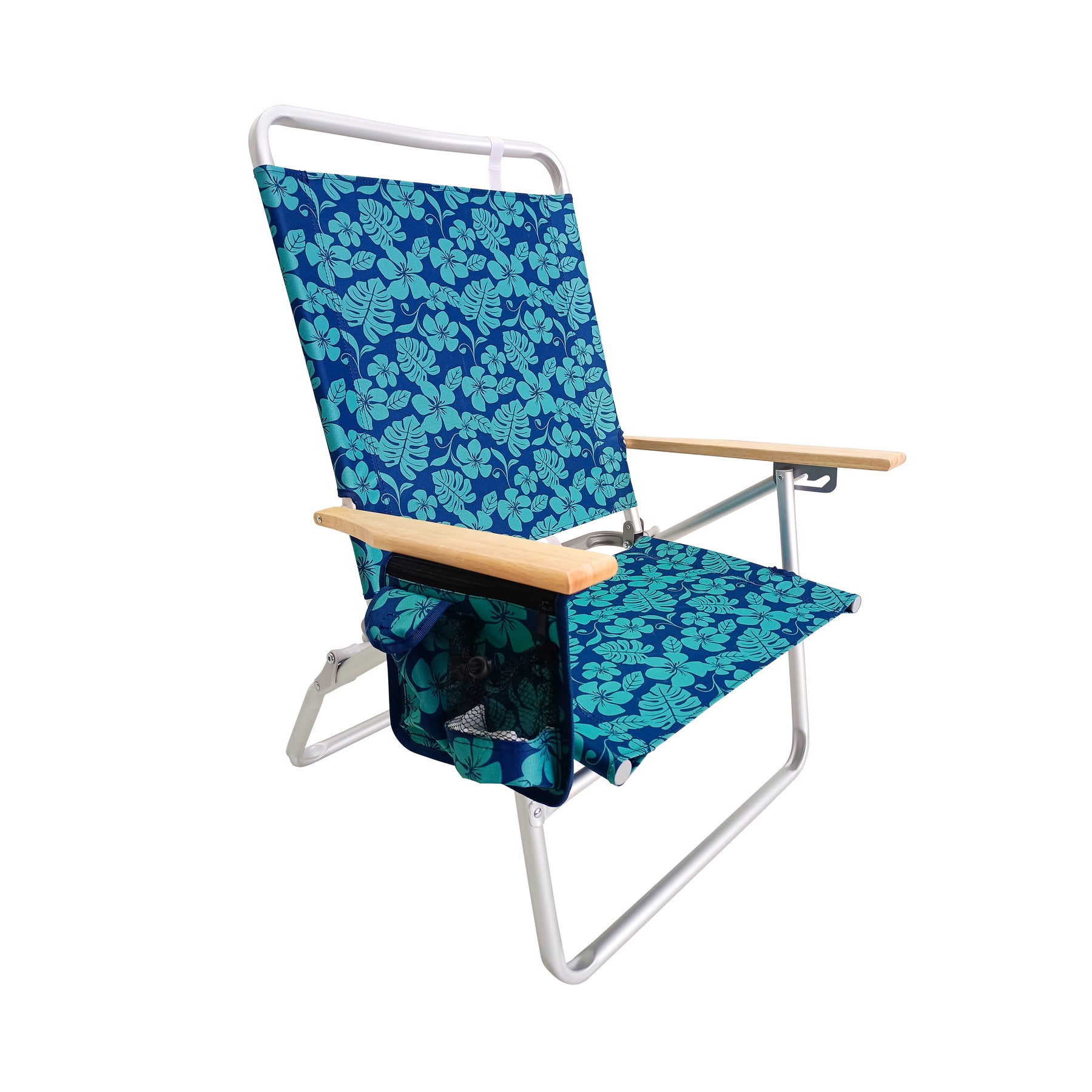 Bliss Hammocks Foldable Beach Chair with Side Pocket, 3 Reclining Positions, Storage Pouch, Phone Holder, Cup Holder, and Shoulder Strap. Blue Flowers variation is a blue color with a light blue flower pattern.