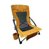 Bliss Hammocks Collapsible Beach Chair with Cup Holders. Amber Leaf Variation is an orange color with a leaf pattern.