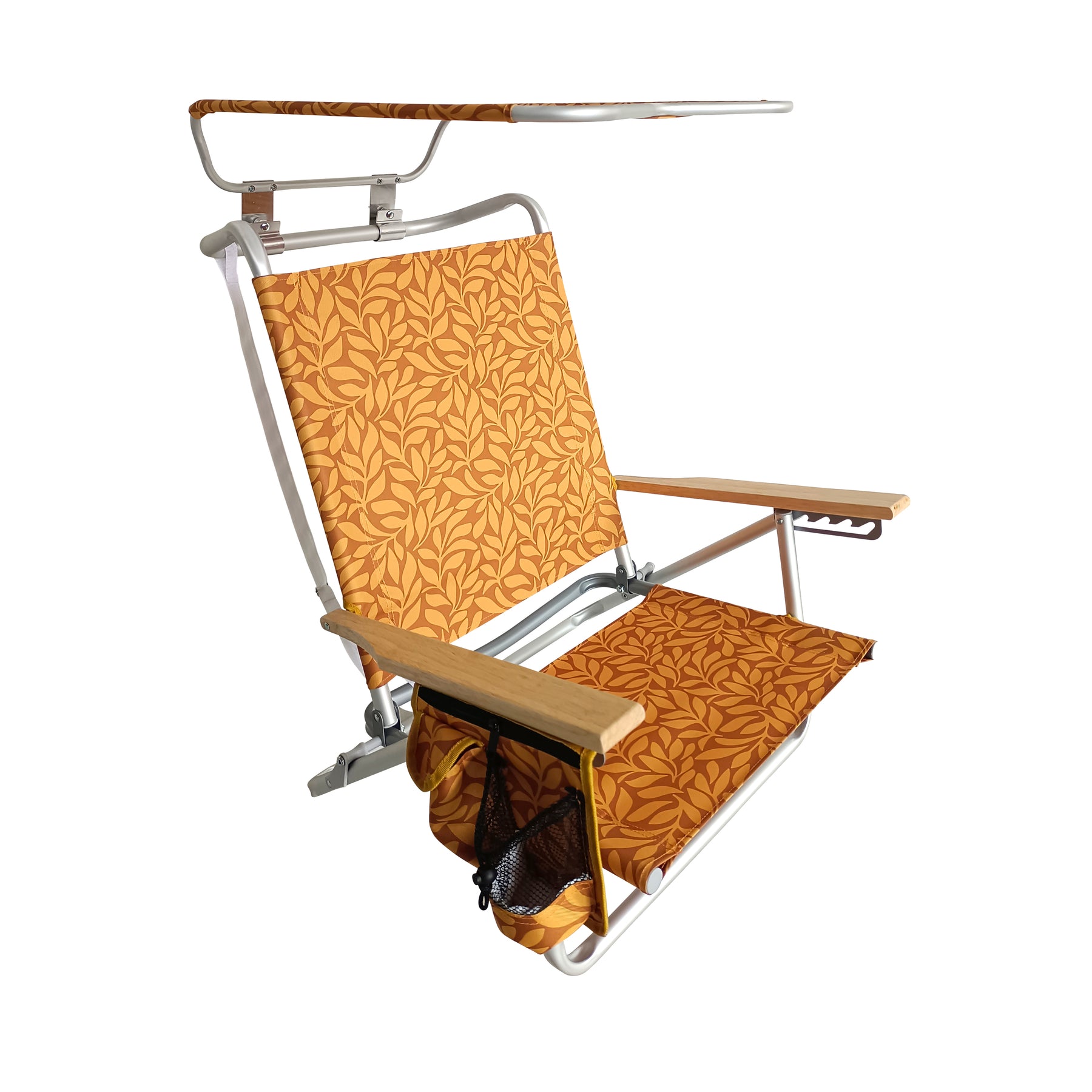 Bliss Hammocks Folding Beach Chair with Canopy, Storage Pouch, Phone Holder, Cup Holder, and Shoulder Straps in the amber leaf variation.