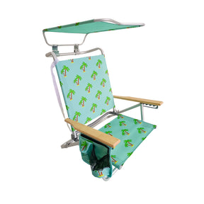 Bliss Hammocks Folding Beach Chair with Canopy, Storage Pouch, Phone Holder, Cup Holder, and Shoulder Straps in the palm tree variation.
