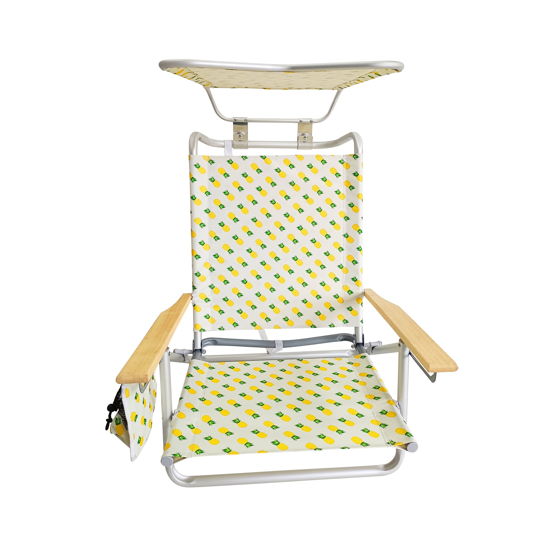 Front view of the Bliss Hammocks Folding Beach Chair with Canopy, storage pouch, phone holder, cup holder, and shoulder straps in the pineapple variation.