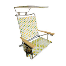 Bliss Hammocks Folding Beach Chair with Canopy, Storage Pouch, Phone Holder, Cup Holder, and Shoulder Straps in the pineapple variation.