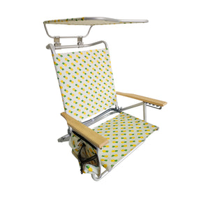 Bliss Hammocks Folding Beach Chair with Canopy, Storage Pouch, Phone Holder, Cup Holder, and Shoulder Straps in the pineapple variation.