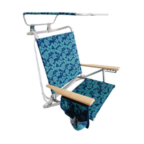 Bliss Hammocks Folding Beach Chair with Canopy, Storage Pouch, Phone Holder, Cup Holder, and Shoulder Straps in the blue flowers variation.