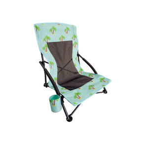 Bliss Hammocks Collapsible Beach Chair with Cup Holders. Palm Trees Variation is a light blue color with a palm tree pattern.