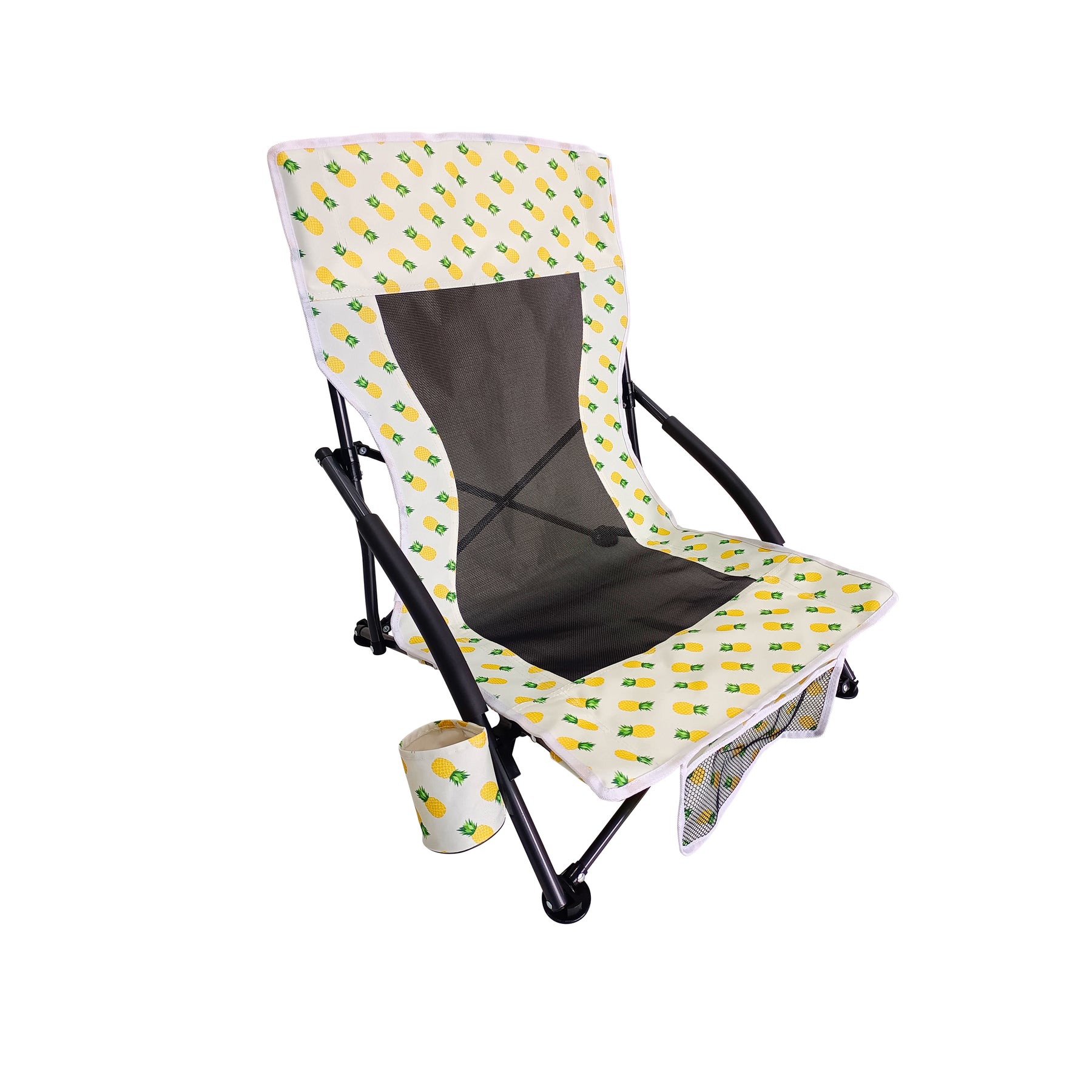 Bliss Hammocks Collapsible Beach Chair with Cup Holders. Pineapple Variation is a white color with a pineapple pattern.