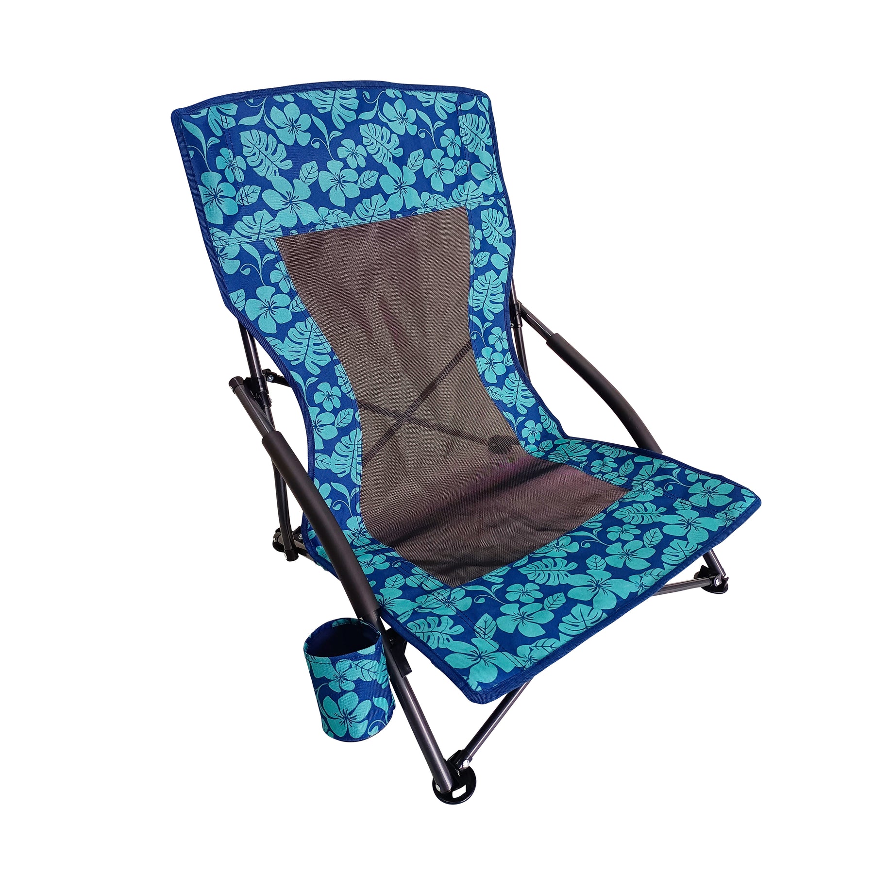 Bliss Hammocks Collapsible Beach Chair with Cup Holders. Blue Flowers Variation is a blue color with a flower pattern.