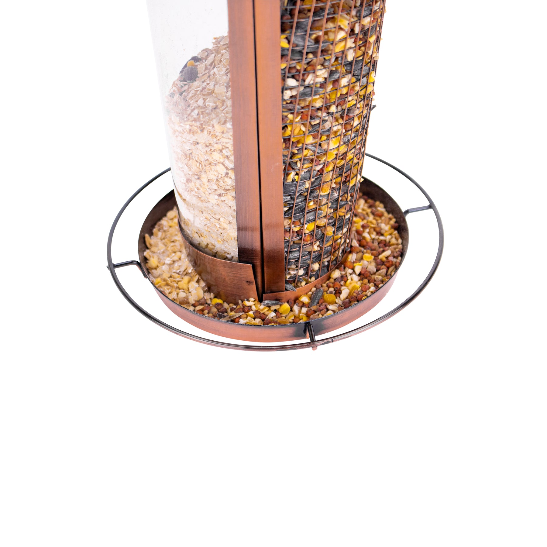 Bird seed filling the base of the Bliss Outdoors Bird Feeder.