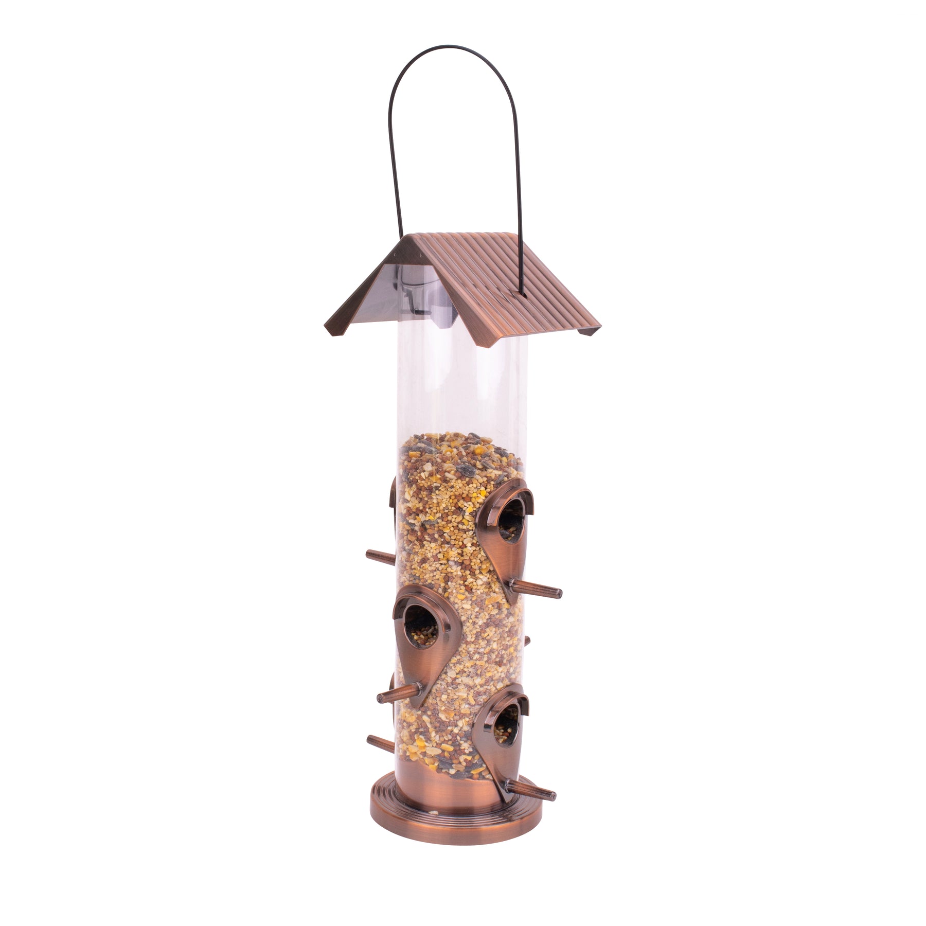 Bliss Outdoors 6-Port Bird Feeder with a copper base, perches, and lid filled with bird seed.