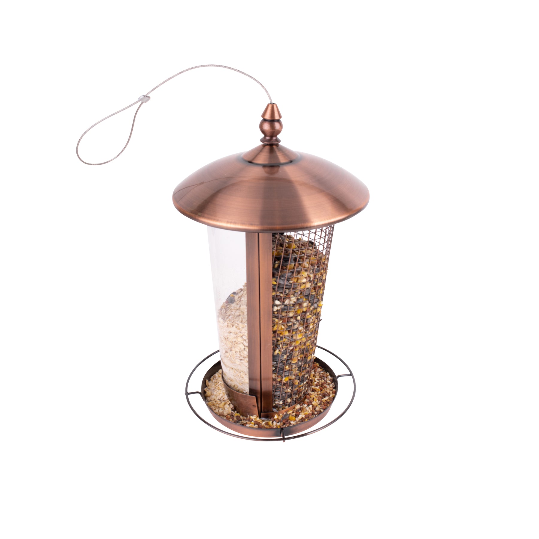 Top-angled view of the Bliss Outdoors 2-in-1 Hanging Bird Feeder filled with bird seed.