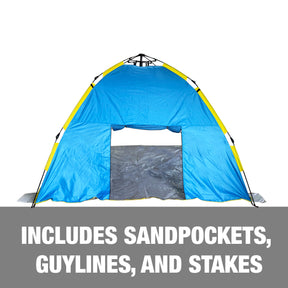 Includes sand pockets, guy lines, and stakes.